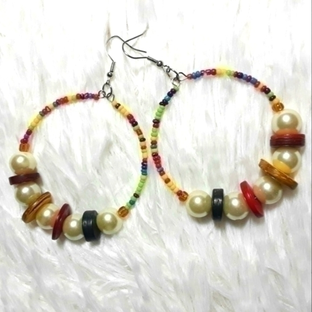 Spirit Wood, Seed & Pearly Bead Hoop Earrings